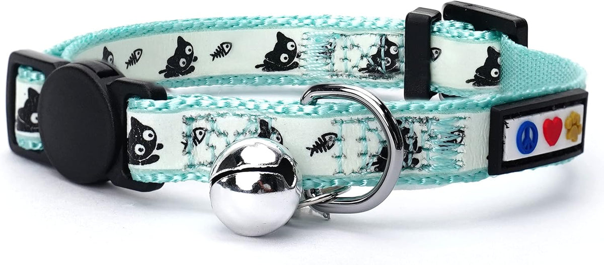 Glow in the Dark Cat Collar with Breakaway Safety Buckle & Bell Adjustable Kitten Collar, Teal