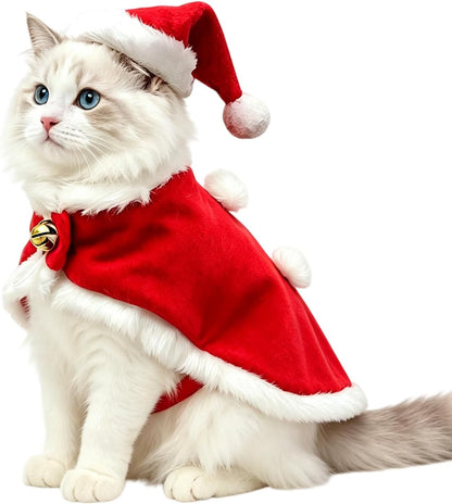 Cat Christmas Costume, Pet Santa Hat with Xmas Clothes for Cats Small Dogs Rabbits, Cat Santa Hat and Red Warm Cloak Coat, New Year Puppy Red Clothes Outfit, Adjustable