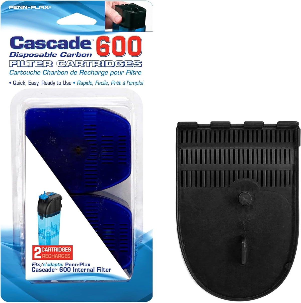 Cascade 600 Filter Replacement Carbon Cartridges - 2 Pack, Activated Carbon Media for CIF3 Submersible Internal Aquarium Filter - Removes Odors, Discoloration & Impurities - Black, 4X3X3 In
