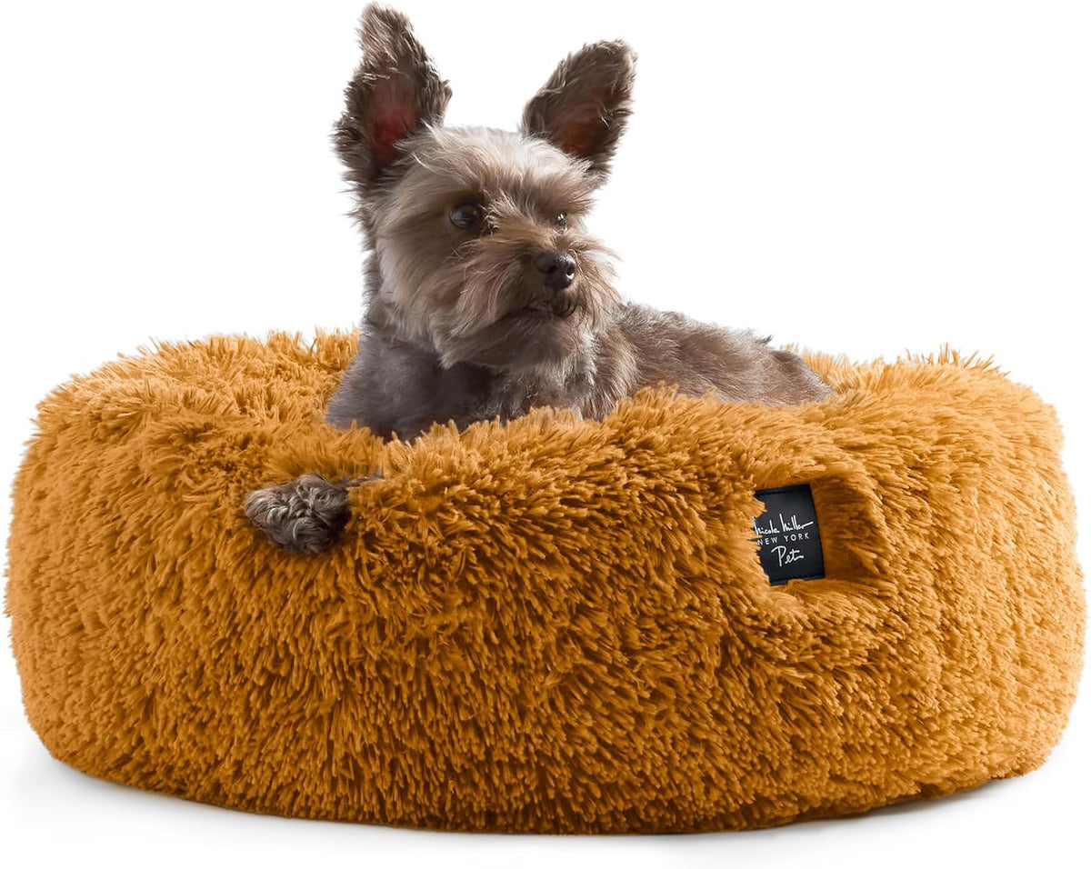 PET Ellie Fuzzy Solid Donut Pet Bed, Plush, Cozy & Calming, Non-Slip Bottom, 100% Machine Washable, Gold, Medium 28"X28"X7" Round
