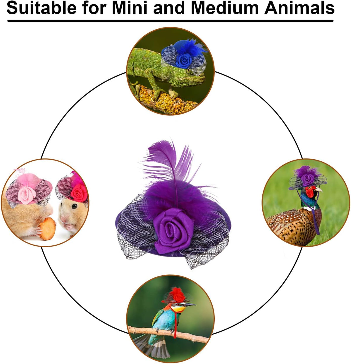 6 Pcs Chicken Hats for Hens Tiny Pets Animals Funny Chicken Accessories Mini Feather Top Hat with Adjustable Elastic Chin Strap and Rose for Hamster Parrot Bird Snake Animals Show Costum