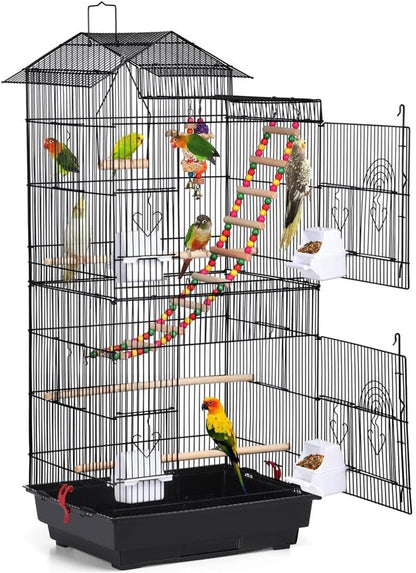 39" Roof Top Flight Cage with Toys, Wrought Iron Bird Cage for Cockatiels, Conures, Lovebirds, Budgies & Small Birds