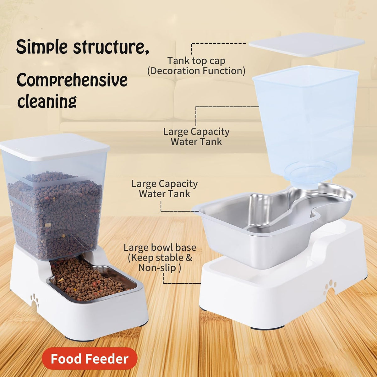 Pets Auto Feeder 5.2L,Food Feeder and Water Dispenser Set for Medium & Large Dogs Cats and Pets Animals (White)