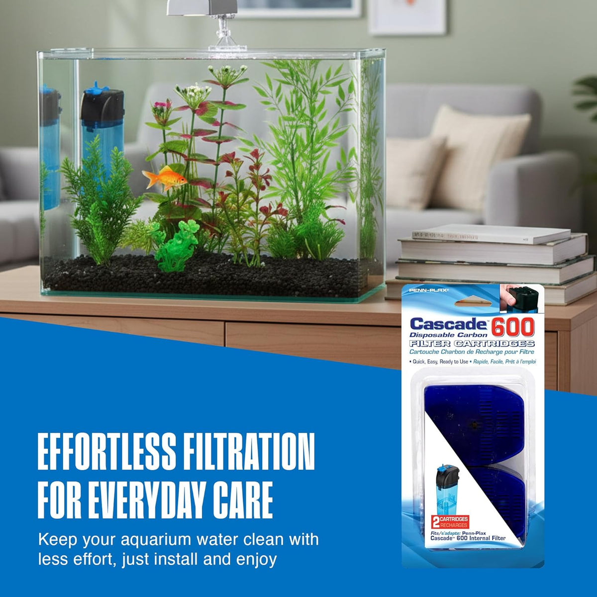 Cascade 600 Filter Replacement Carbon Cartridges - 2 Pack, Activated Carbon Media for CIF3 Submersible Internal Aquarium Filter - Removes Odors, Discoloration & Impurities - Black, 4X3X3 In