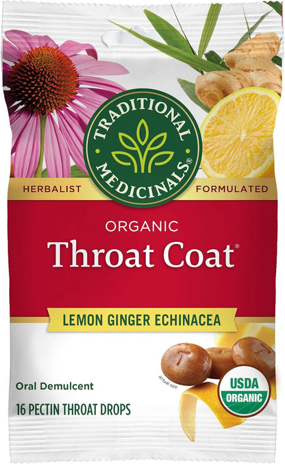 Organic, Throat Coat Lozenges, Lemon Ginger Echinacea - Herbal Cough Drops, Helps Soothe Sore Throat - Non-Gmo, Stimulant-Free - 16 Count