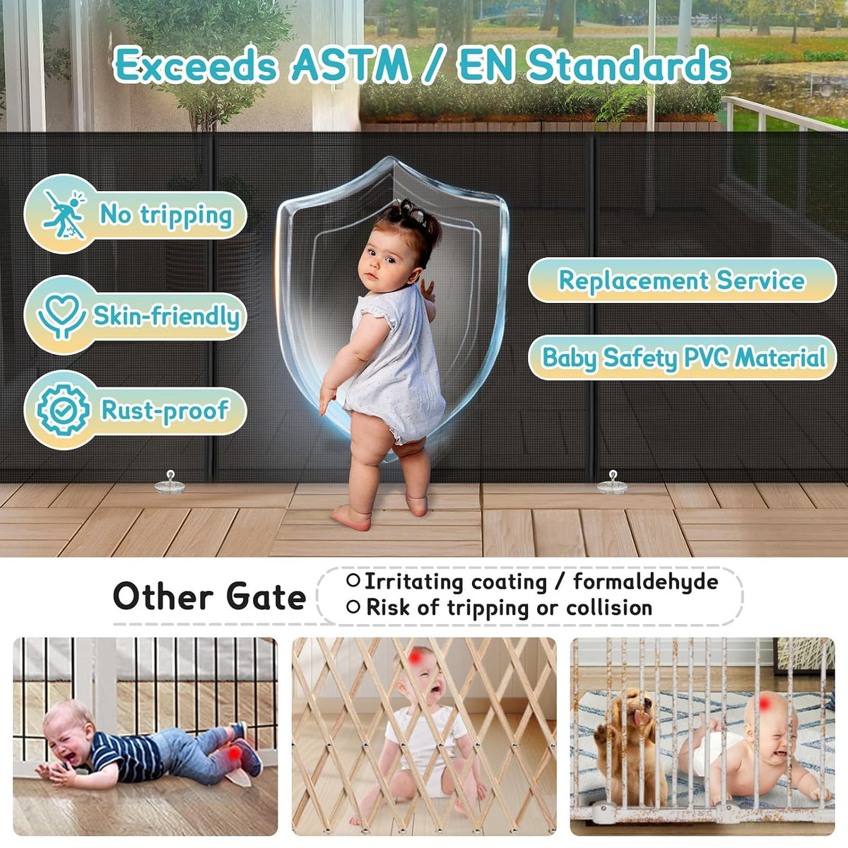 140'' Retractable Baby Gates Extra Wide,34" Tall Retractable Dog Gate for Doorways, Security Upgrade Reinforcement Rods Extra Long Retractable Baby Gate for Stairs, Indoor/Outdoor Retractable Gate