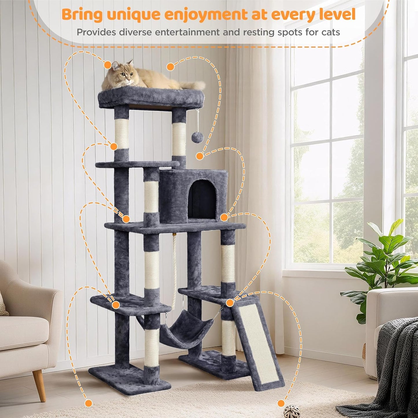 54In Cat Tree Tower for Large Cats, Multi-Level Condo & Hammock
