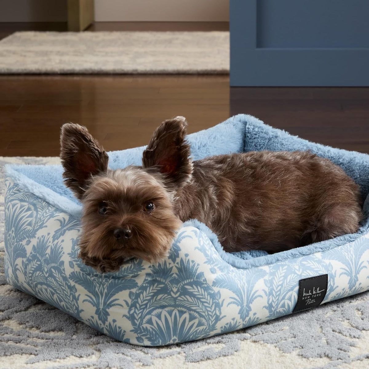 PET Mod Damask Plushy Bolster Pet Bed, Cozy & Calming, Non-Slip Bottom, Machine Washable Cover, Blue, Large 35"X28"X8"