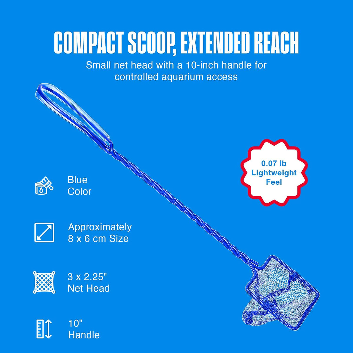 Quick-Net Aquarium Fish Net - 3 X 2.25 in Fine Mesh, 10 in Vinyl-Covered Braided Handle - Small Aquarium Cleaning Tool for Gentle Fish Handling - Use in Freshwater & Saltwater Tanks - Blue