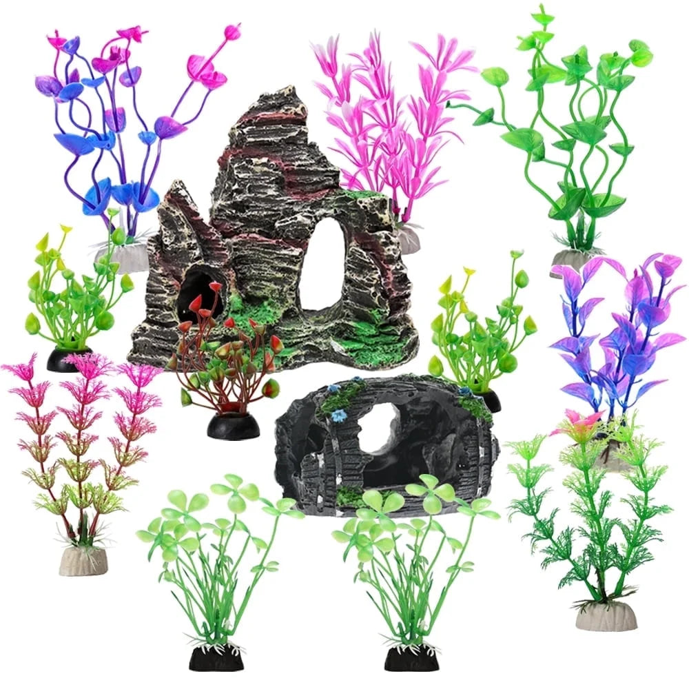 Fish Tank Accessories Aquarium Decorations - 13 Packs Plastic Plants Material Hideout Ornaments Small Size