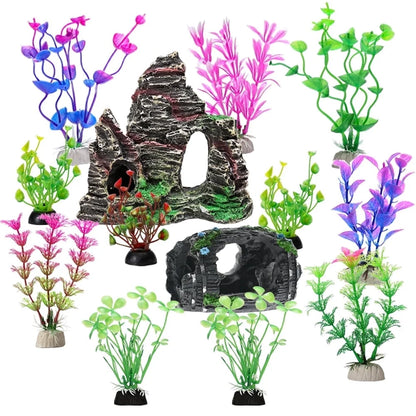Fish Tank Accessories Aquarium Decorations - 13 Packs Plastic Plants Material Hideout Ornaments Small Size