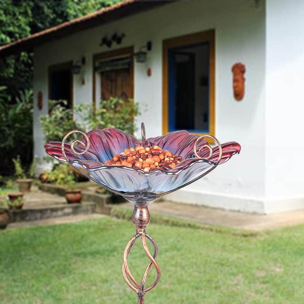 Glass Birdbath Birdfeeder with Metal Stake Garden Yard Outdoor