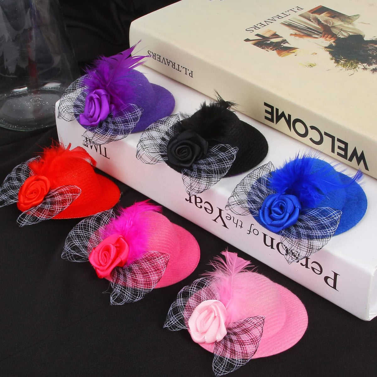 6 Pcs Chicken Hats for Hens Tiny Pets Animals Funny Chicken Accessories Mini Feather Top Hat with Adjustable Elastic Chin Strap and Rose for Hamster Parrot Bird Snake Animals Show Costum