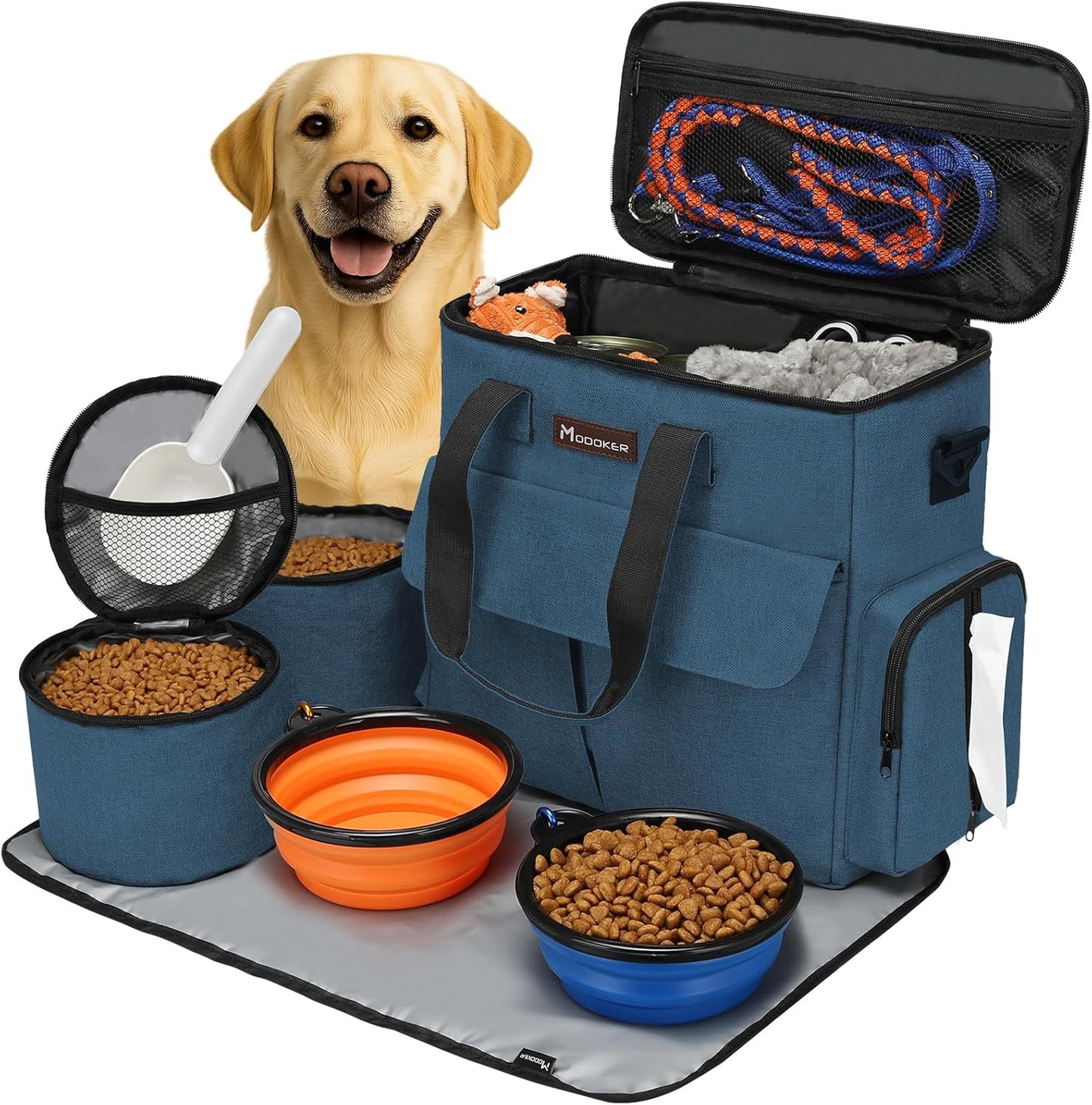 Weekend Dog Travel Bag Set with 2 Food Bags, 2 Bowls and Mat,Blue