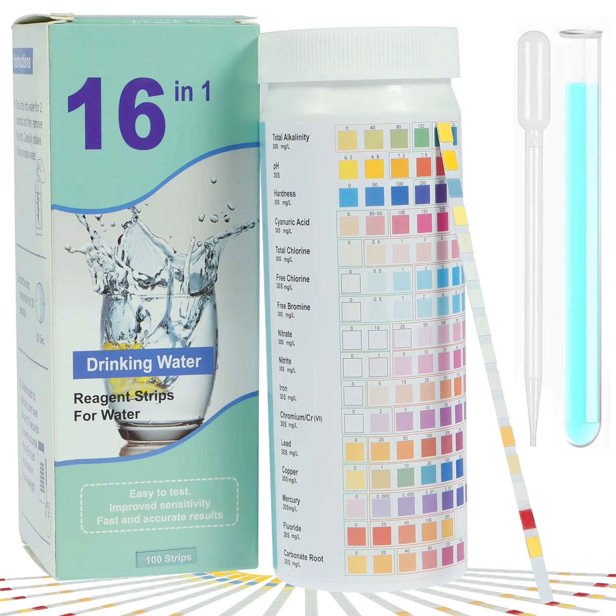 100Pcs Aquarium Test Strips 5-17 in 1 Fish Tank Water Testing Kits with Test Tube Freshwater Saltwater Water Quality Test Kit