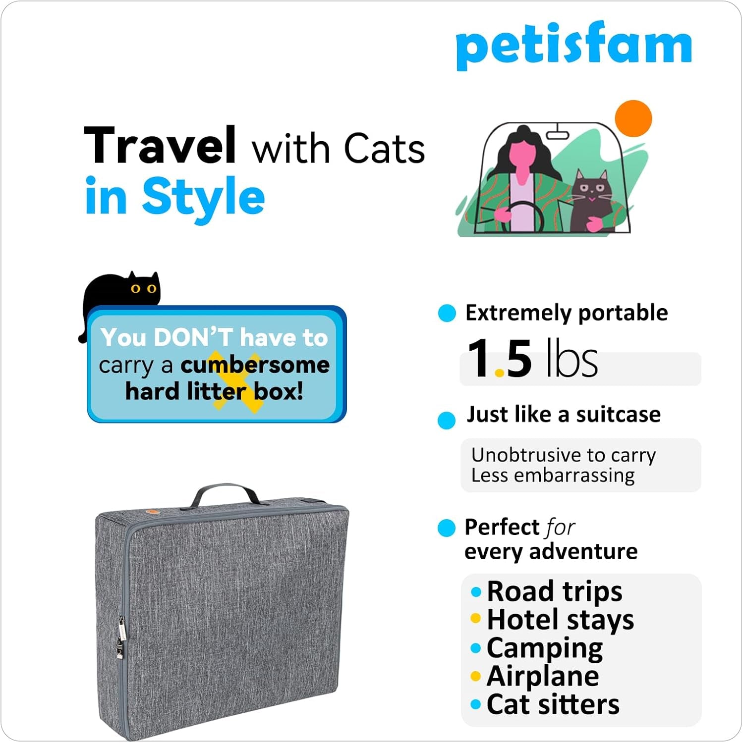 Portable Cat Travel Litter Box with Zipped Lid