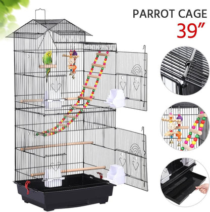 39" Roof Top Flight Cage with Toys, Wrought Iron Bird Cage for Cockatiels, Conures, Lovebirds, Budgies & Small Birds