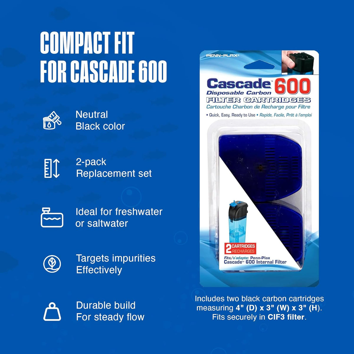 Cascade 600 Filter Replacement Carbon Cartridges - 2 Pack, Activated Carbon Media for CIF3 Submersible Internal Aquarium Filter - Removes Odors, Discoloration & Impurities - Black, 4X3X3 In