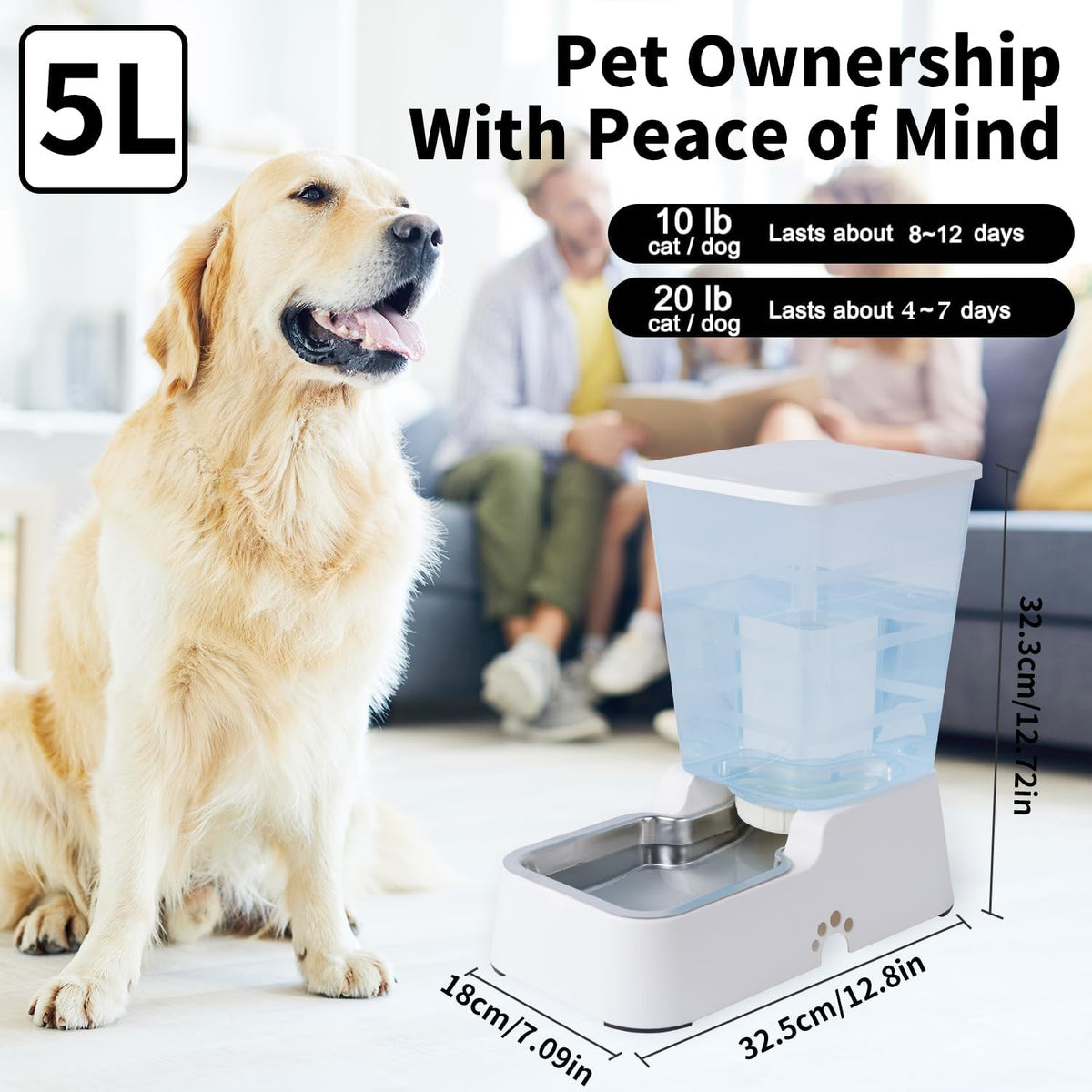 Pets Auto Feeder 5.2L,Food Feeder and Water Dispenser Set for Medium & Large Dogs Cats and Pets Animals (White)